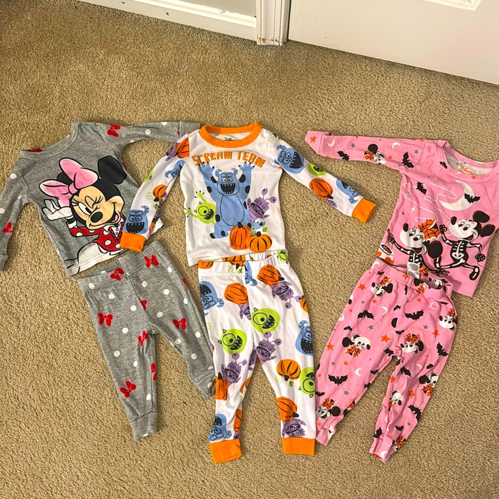 Set of 3 Girl Toddler Pajamas, Minnie, Monsters Inc, Mickey Halloween, 12 m - 2T